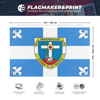A mockup depicting custom flag specifications and measurements for 'Apostles of Infinite Love flag'