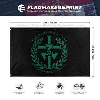 A mockup depicting custom flag specifications and measurements for 'Sanguis Christi Triskelie flag'