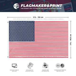 A mockup depicting custom flag specifications and measurements for 'Cursed US flag'
