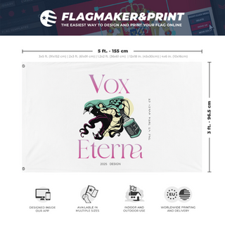 A mockup depicting custom flag specifications and measurements for 'Vox flag'