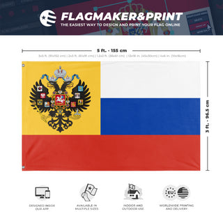 A mockup depicting custom flag specifications and measurements for 'Russian Empire flag'