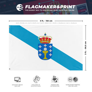 A mockup depicting custom flag specifications and measurements for 'Kingdom of Galicia flag'