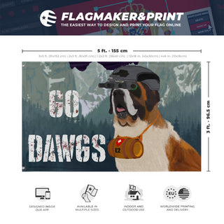 A mockup depicting custom flag specifications and measurements for 'brewdawg flag'