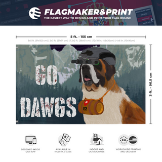 A mockup depicting custom flag specifications and measurements for 'brewdawg double flag'