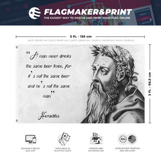A mockup depicting custom flag specifications and measurements for 'Heraclitus flag'
