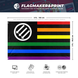 A mockup depicting custom flag specifications and measurements for 'American Iron Front Pride flag'