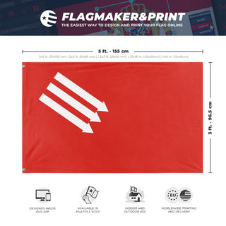 A mockup depicting custom flag specifications and measurements for 'Flag of the Iron Front flag'
