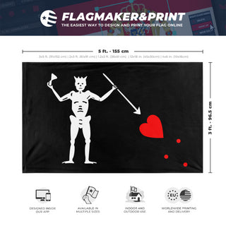 A mockup depicting custom flag specifications and measurements for 'Blackbeard flag'