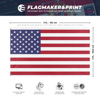 A mockup depicting custom flag specifications and measurements for 'Test 2 flag'