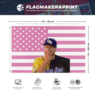 A mockup depicting custom flag specifications and measurements for 'Big Bald Beautiful Baby Butner flag'