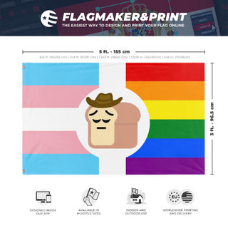A mockup depicting custom flag specifications and measurements for 'PensivePrideCowboyBread flag'