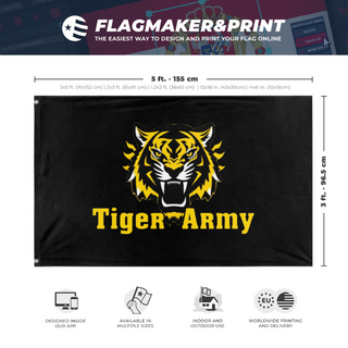 A mockup depicting custom flag specifications and measurements for 'Tiger Army flag'
