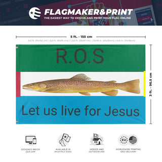 A mockup depicting custom flag specifications and measurements for 'Rebuls of society flag'