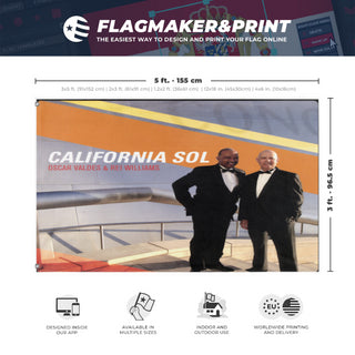 A mockup depicting custom flag specifications and measurements for 'California Sol flag'