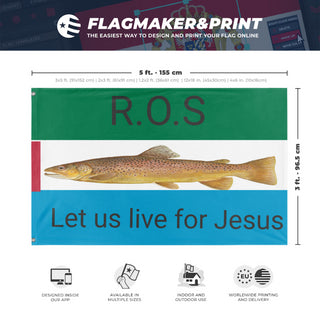 A mockup depicting custom flag specifications and measurements for 'Rebuls of society flag'