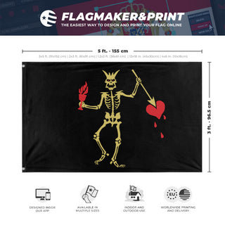 A mockup depicting custom flag specifications and measurements for 'Blackbeard Demon Skeleton flag'