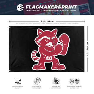 A mockup depicting custom flag specifications and measurements for 'Fighting Racoons flag'