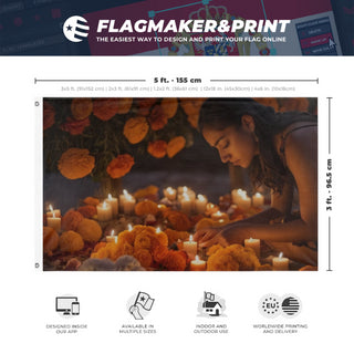 A mockup depicting custom flag specifications and measurements for 'Muertos flag'