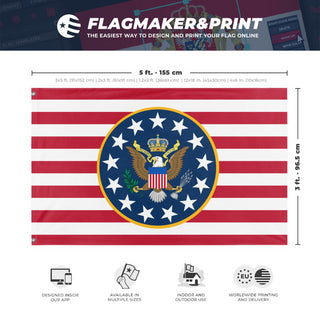 A mockup depicting custom flag specifications and measurements for 'Kingdom of Americana flag'