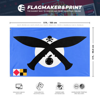 A mockup depicting custom flag specifications and measurements for 'florida pirate flag'