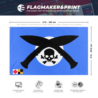 A mockup depicting custom flag specifications and measurements for 'pirate flag'