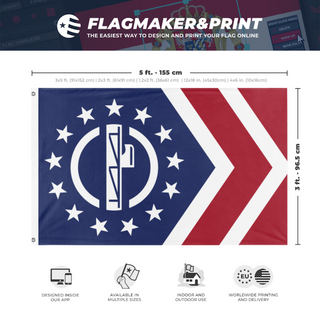 A mockup depicting custom flag specifications and measurements for 'Patriot Front flag'