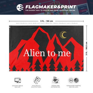 A mockup depicting custom flag specifications and measurements for 'Alien to Me  flag'