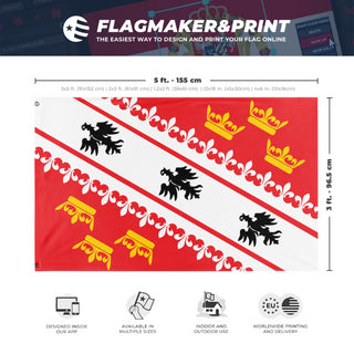 A mockup depicting custom flag specifications and measurements for 'Elsass-Mosel flag'