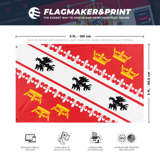 A mockup depicting custom flag specifications and measurements for 'Elsass-Mosel flag'