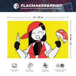 A mockup depicting custom flag specifications and measurements for 'Yi Xi flag'