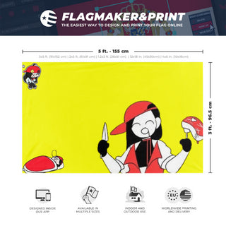 A mockup depicting custom flag specifications and measurements for 'Yi Xi flag'