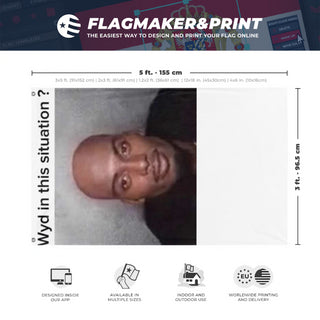 A mockup depicting custom flag specifications and measurements for 'wyd in this situation flag'