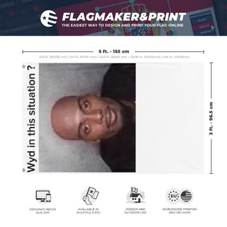 A mockup depicting custom flag specifications and measurements for 'wyd in this situation flag'