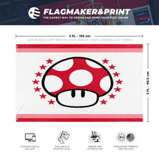 A mockup depicting custom flag specifications and measurements for 'mushroom kingdom flag'