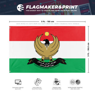 A mockup depicting custom flag specifications and measurements for 'Kurdistan Iraqi flag'