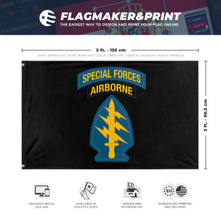 A mockup depicting custom flag specifications and measurements for 'Airborne Special Forces flag'