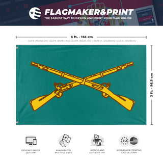 A mockup depicting custom flag specifications and measurements for 'US Army Infantry Branch flag'