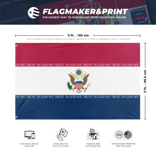A mockup depicting custom flag specifications and measurements for 'American Flag in the Style of Iran flag'