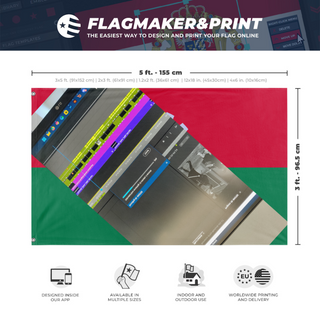 A mockup depicting custom flag specifications and measurements for 'T flag'