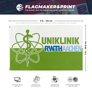 A mockup depicting custom flag specifications and measurements for 'RWTHStrahlentherapie flag'