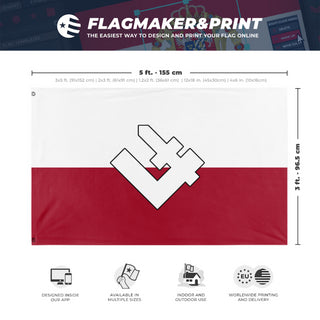 A mockup depicting custom flag specifications and measurements for 'Grupa Falanga flag'