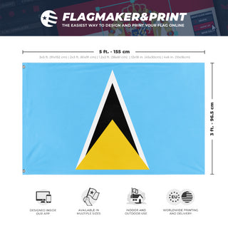 A mockup depicting custom flag specifications and measurements for 'Saint lucia flag'