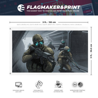 A mockup depicting custom flag specifications and measurements for 'T flag'