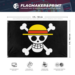 A mockup depicting custom flag specifications and measurements for 'One Piece Protest flag'