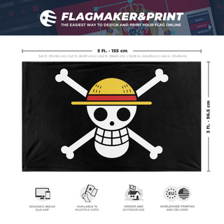 A mockup depicting custom flag specifications and measurements for 'Straw Hat Protest flag'