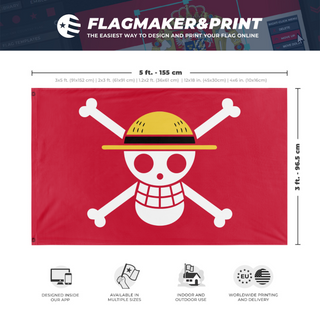 A mockup depicting custom flag specifications and measurements for 'Red One Piece Protest flag'