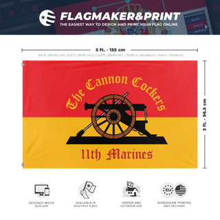 A mockup depicting custom flag specifications and measurements for 'CannonCocker_9_24_25 flag'