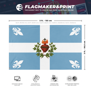A mockup depicting custom flag specifications and measurements for 'Carillon Sacre-Coeur 2 flag'