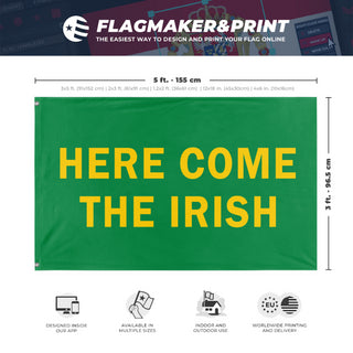A mockup depicting custom flag specifications and measurements for 'Here Come the Irish flag'