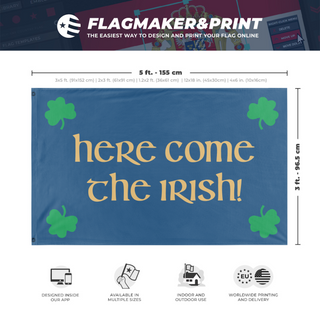 A mockup depicting custom flag specifications and measurements for 'Here Come The Irish flag'